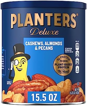 PLANTERS Deluxe Cashews, Almonds & Pecans, Party Snacks, Plant-Based Protein, 15.25 Oz Canister
