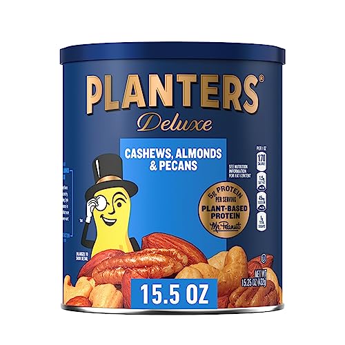 Planters Deluxe Cashews, Almonds & Pecans, Party Snacks, Plant-Based Protein, 15.25 Oz Canister #TOP5