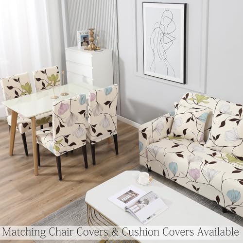 Image of HOKIPO Elastic Stretchable Universal Sofa Cover 3 Seater, Beige Brown Leaves (NEW-AR-4095-D20)