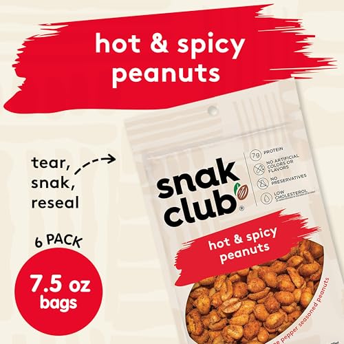 Snak Club Hot and Spicy Peanuts, Chili and Cayenne Pepper Seasoned Nuts, Gluten-Free and Kosher Snack, 7.5 oz Resealable Bags, 6 Pack - Thumbnail 2