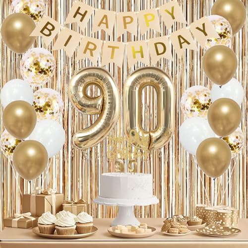Image of Trgowaul 90th Birthday Decorations for Women, Banner, Sash and Crown, Cake Topper, 90 Number Balloon, Fringe Curtains, Champagne Gold 90th Birthday Party Supplies