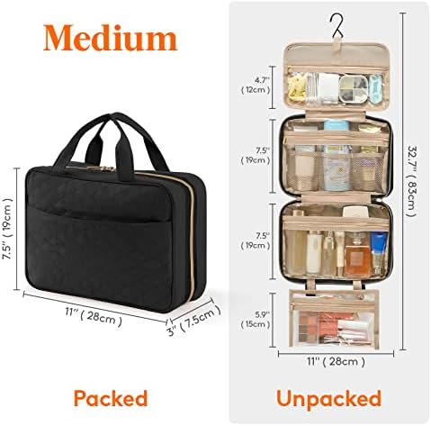 Lifewit Travel Toiletry Bag, Large Hanging Makeup Bag Organizer for Women, Transparent Travel Cosmetic Bag with Hanging Hook for Full Size Bottles, Vacation Essentials, Black