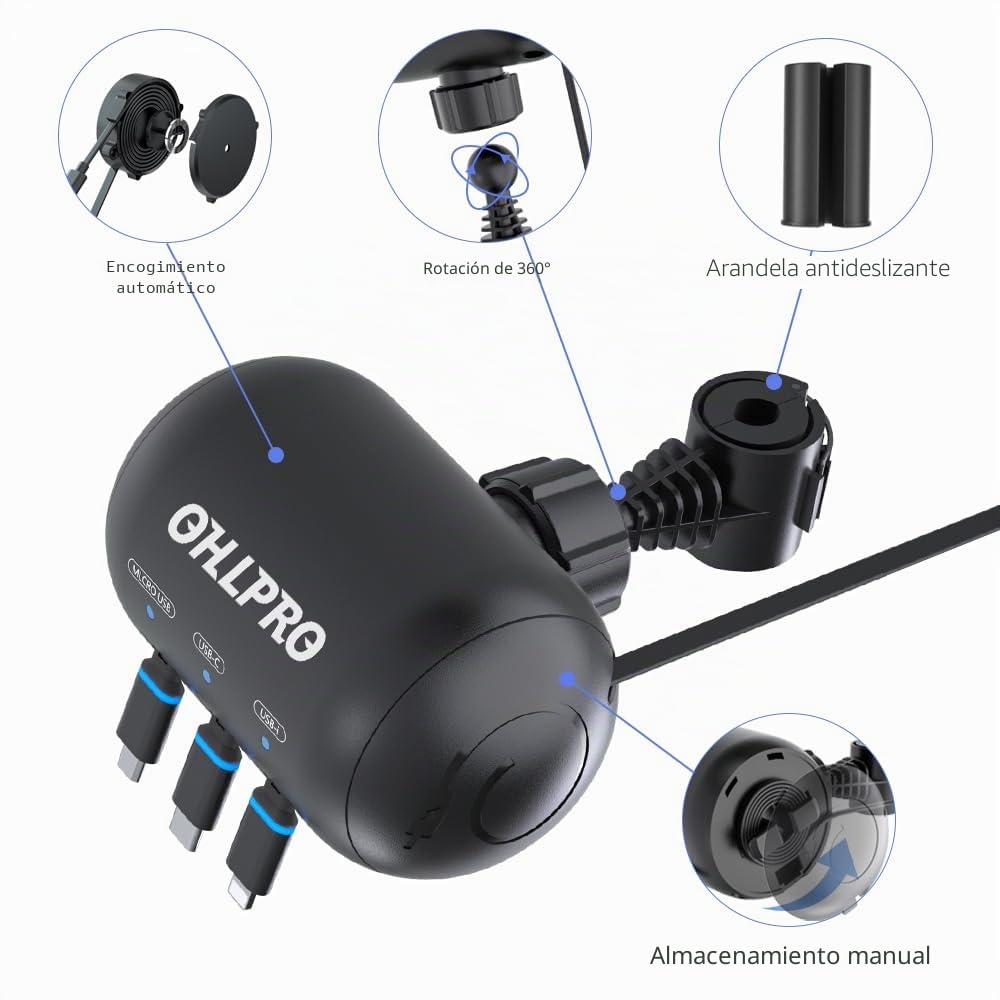 OHLPRO Cargador Retráctil para Asiento Trasero 3 en 1 | Cargador para Coche Compatible con iPhone, Samsung y Todos los Teléfonos | Ideal para Taxi, Uber, Lyft, Turo