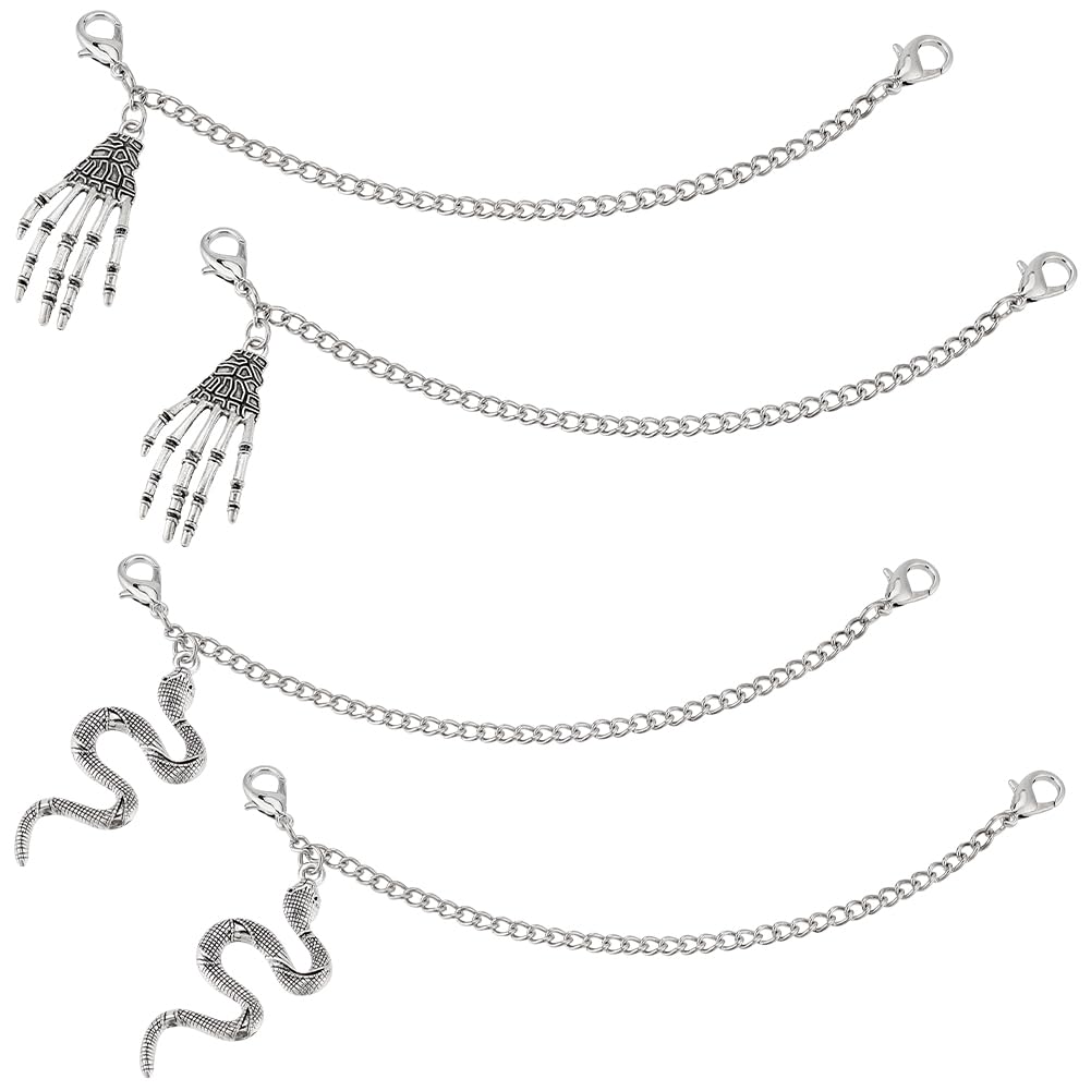 PH PandaHall 4pcs 2 Styles Shoelace Charms 8.2 Inch Gothic Punk Shoe Chains Metal Snake Skeleton Pendant Hand Shoe Chains Unique Shoes Charms for