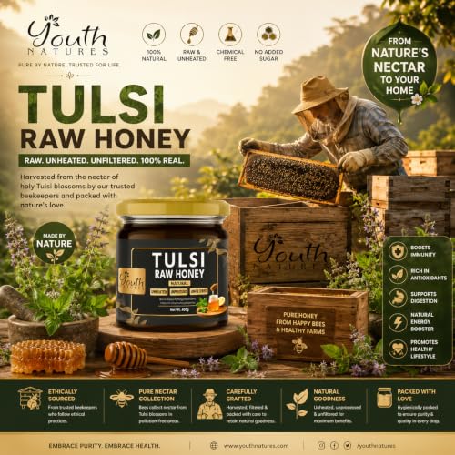 Image of Youth Natures Raw Tulsi Honey 400g | 100% Natural | Unprocessed | Unfiltered | Unheated | No Added Sugar | Rich in Antioxidants | Pure Holy Basil Honey | Glass Jar