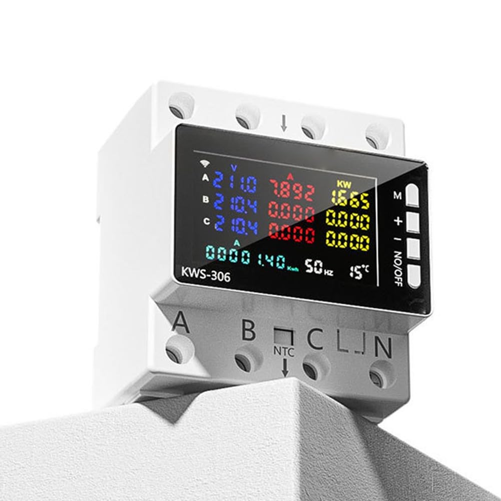 Misuratore di energia trifase su guida DIN con display LCD, AC 85-290V, 0-80A, sovratensione e corrente per protezione casa, fabbrica e armadi di distribuzione