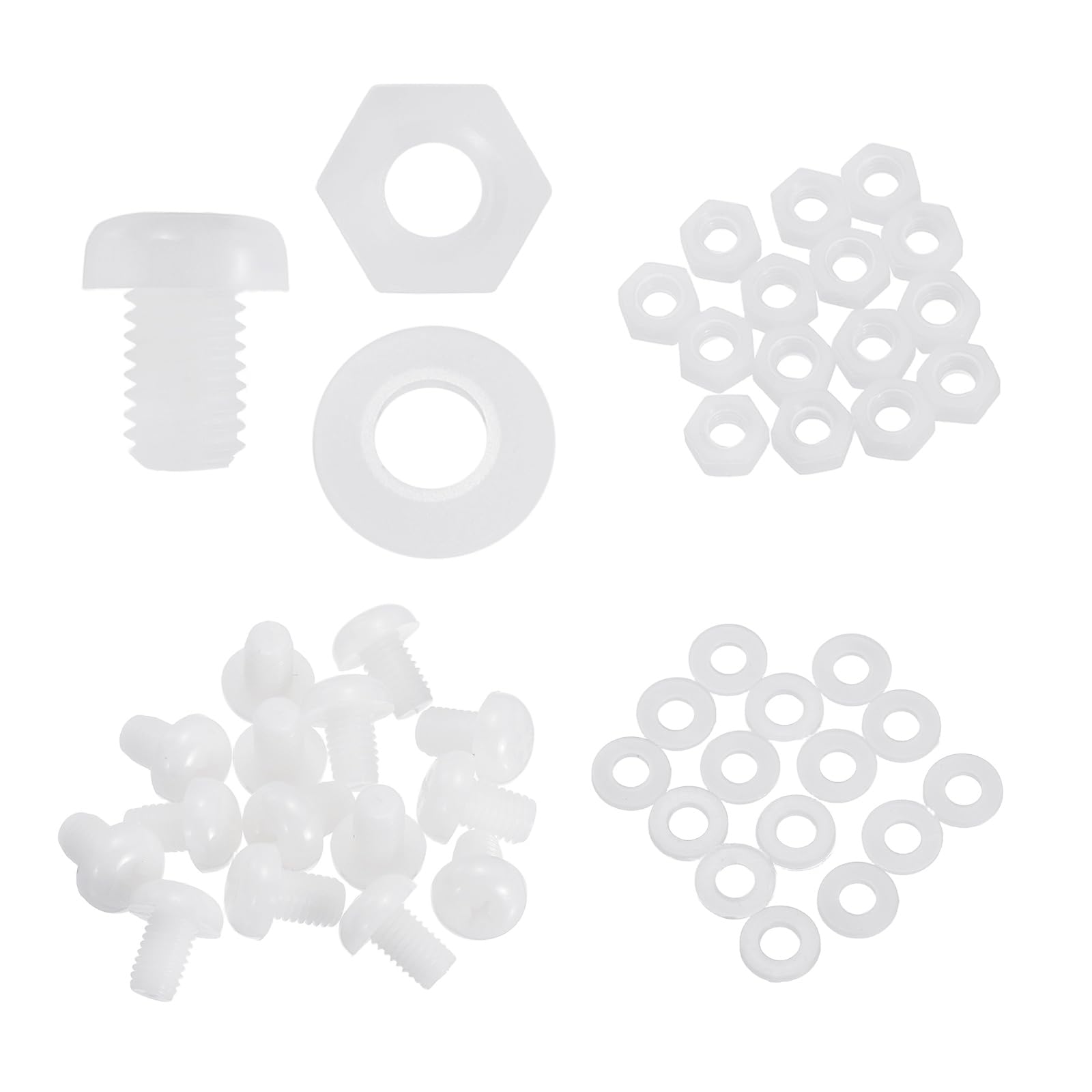 sourcing map 15 Set M8x12mm Nylon PA66 Plastic Cross Round Head Screw Phillips Bolts Hex Nuts Flat Washers Assortment Kit, Metric Full Thread Bolt Fasteners for DIY Machine Assembly, White โ image 1