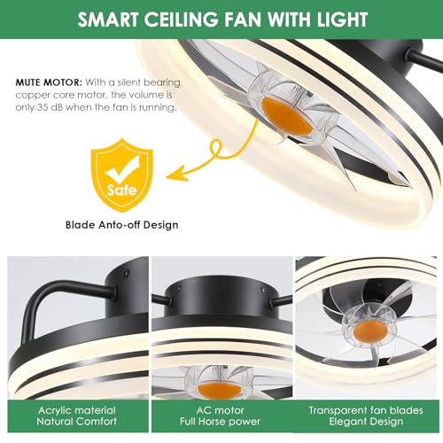 Image of Mpayel Ceiling Fans with Lights and Remote - Flush Mount Low Profile Ceiling Fans - 13 inch Bladeless Enclosed Ceiling Fans with Led Light and Stepless Dimming, Small Modern Ceiling Fan for Bedroom