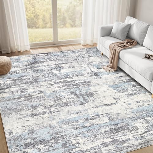Image of Living Room Area Rug 8x10: Washable Rugs Large Soft Abstract Modern Neutral Rug Stain Resistant & Non-Slip Carpet for Bedroom Dining Room Nursery - Aesthetic Home Office Room Decor - Blue Grey