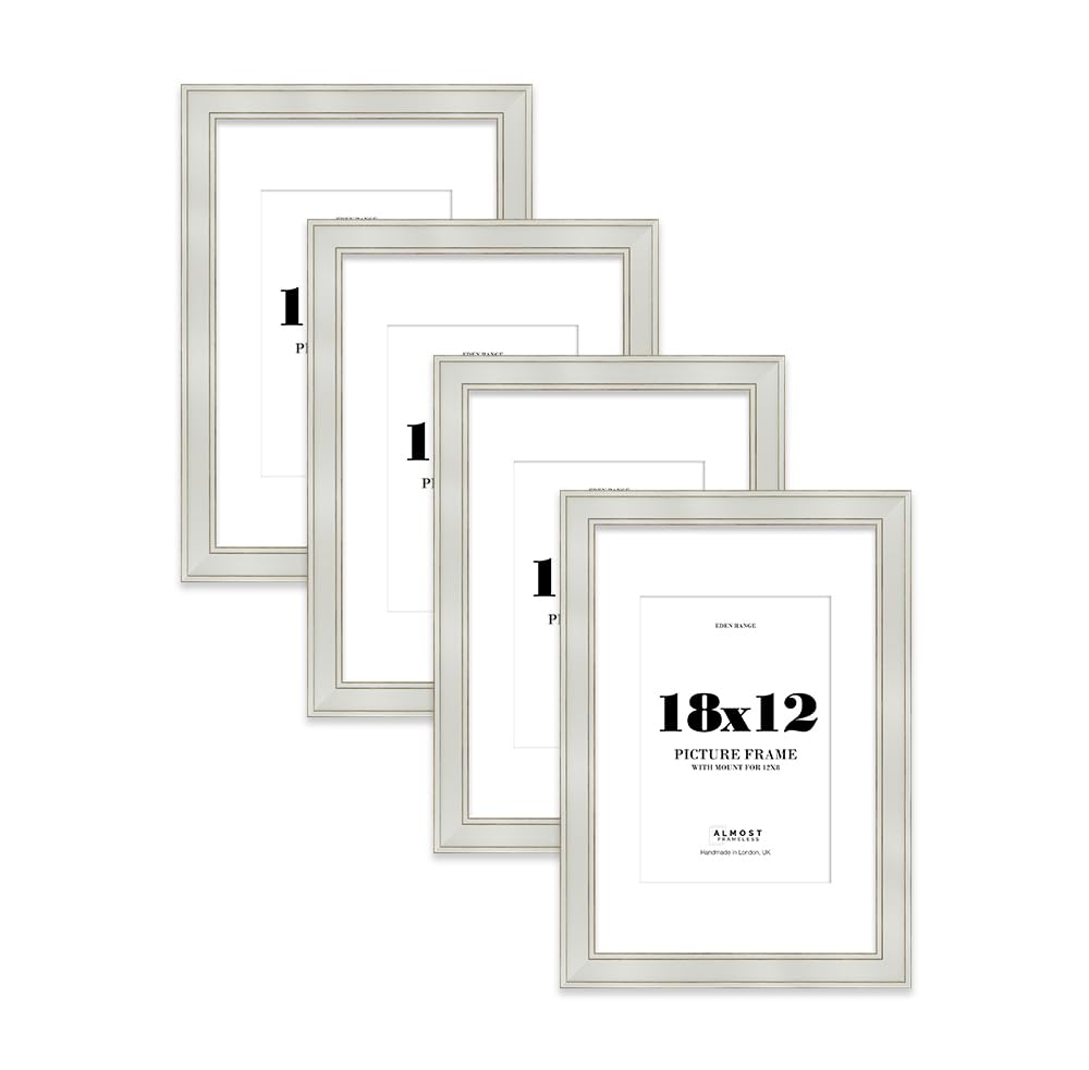 18x12" Light Grey Picture Frame with 12x8" Mount - Shabby Chic Photo Frame with Distressed Finish, Gold Trim, Wall Hooks, 37mm Edge - 4 Pack