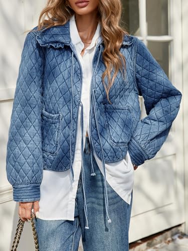 Tankaneo Women's Quilted Denim Jacket with Tie Front Bow – Chic Cropped Puffy Coat for Fall in Blue - Image 5