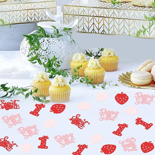 Image of 200Pcs Double-sided Pink Red Strawberry Confetti Berry Sweet One Table Confetti Red Strawberry One Table Decorations for Baby Shower Girls Berry 1st Birthday Party Confetti Supplies