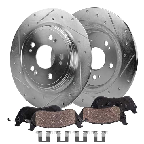 Image of Detroit Axle - Rear Brake Kit for Acura 2014-2020 RLX Drilled and Slotted Disc Brake Rotors Ceramic Brakes Pads with Hardware 2015 2016 2017 2018 2019 Replacement : 12.20 inch inch Rotors