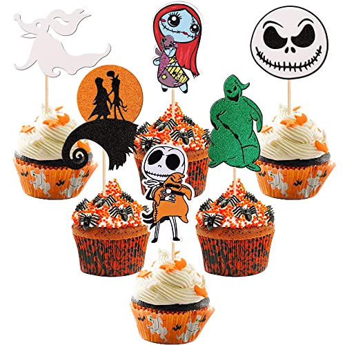 24 Pcs Jack Skellington Halloween Cupcake Toppers Glitter Skull Ghost Jack And Sally Cupcake Picks For Nightmare Before Christmas Theme Wedding Anniversary Birthday Party Cake Decorations Supplies #TOP7