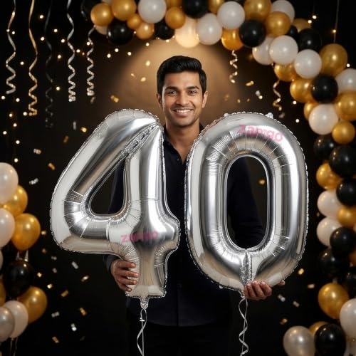 Image of Balloonistics Silver 40-Inch Foil Number 40 Balloon - Helium or Air Fill for 40th Birthday, Anniversary Party Decoration, Photo Booth Backdrop, Milestone Celebrations