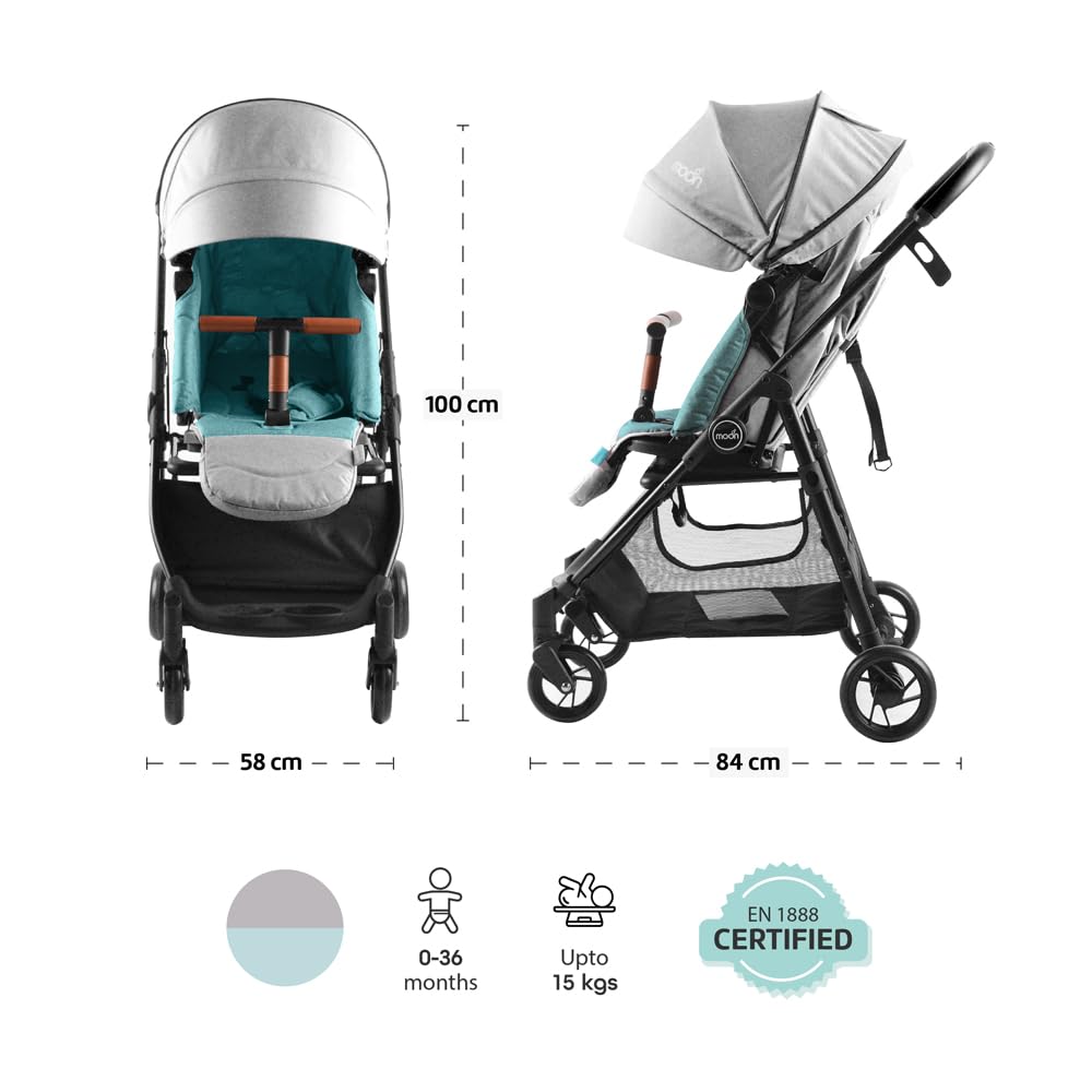 The Moon Brand Revo 360 Degree Rotatable Baby Stroller – Foldable Pram Pushchair with Basket for Toddler & Newborn Items – Portable Travel Gear – 9.3kg Weight Capacity - Grey