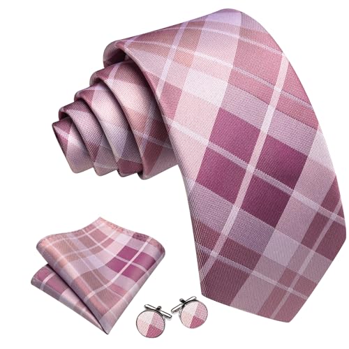 Image of Barry.Wang Plaid Ties Check Mens Necktie Set with Handkerchief Cufflinks Classic Stripe