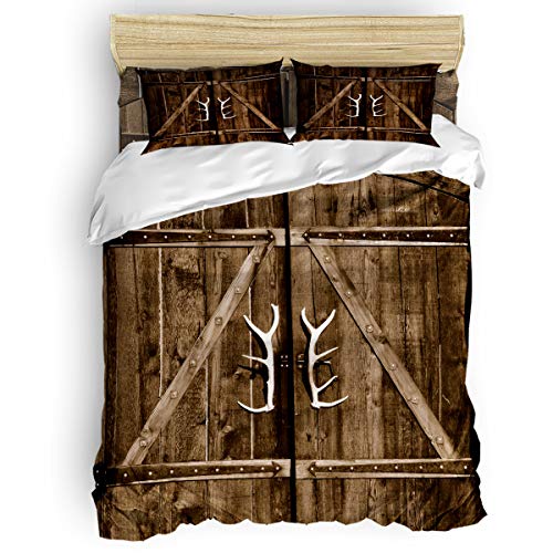 Teather 3-Piece Bedding Sets, Antlers Door Wood Rustic Old Barn Comforter Set - Duvet Cover, Pillow Cases for Childrens/Kids/Teens/Adults, Twin Size