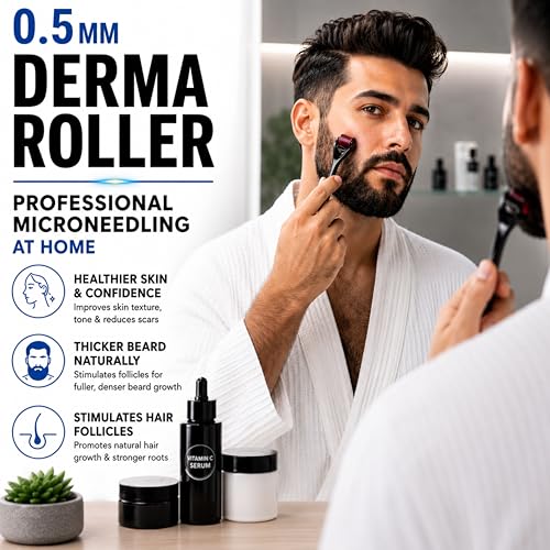 Image of Crescent Premium Derma Roller with 540 Titanium Micro Needles for Beard Regrowth| Hair Regrowth|facial Rejuvenation| Reducing Rrinkles and Stratch Marks| Size: 0.5 Mm|Men & Women| Black| Pack of 1