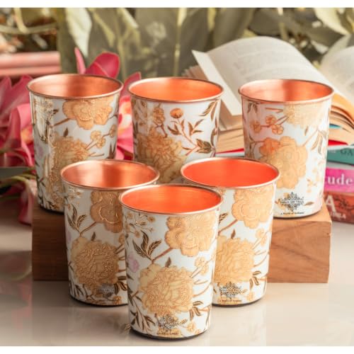 Image of INDIAN ART VILLA Copper Gold Flower Print Glass - 275 ML, Handcrafted Ayurvedic Copper Drinkware for Daily Use, Elegant Water Glass for Home, Office, and Special Gifting, Set of 6