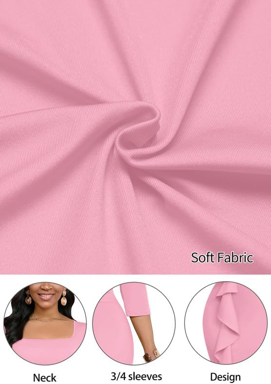 Womens Work Dresses Elegant Square Neck 3/4 Sleeve High Waist Bodycon Ruffle Vintage Church Pencil Midi Dress - Image 6