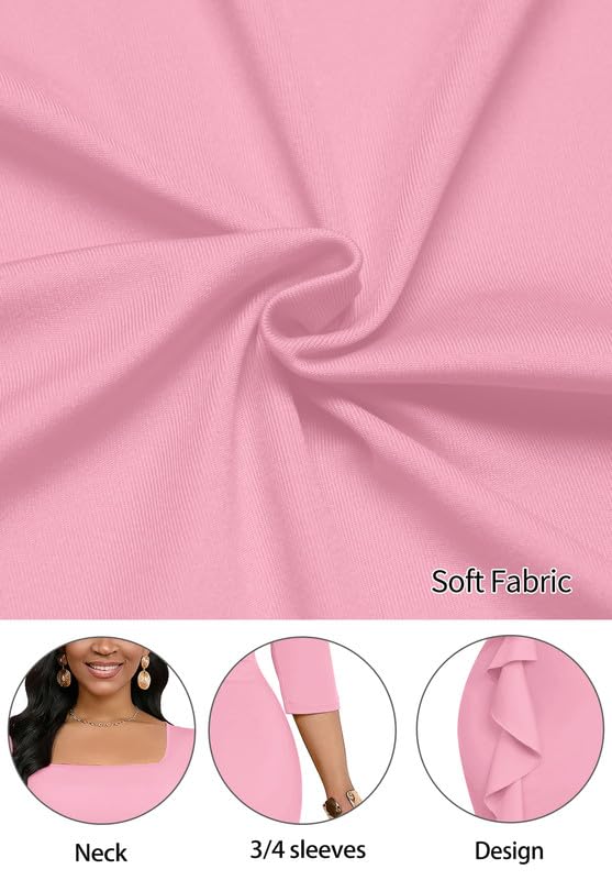 Image of MarryUP Womens Work Dresses Elegant Square Neck 3 /4 Sleeve High Waist Bodycon Ruffle Vintage Church Pencil Midi Dress