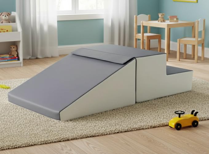 Indoor Soft Play Foam Slide and Steps Beginner Activity Equipment Children's Ramp Climbing, Stairs, Crawling, Climber, Sliding - 2 Piece Set Grey OL19
