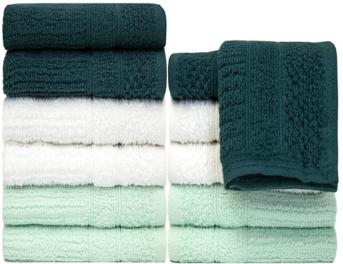 Image of PH Pleasant Home Ribbed Wash Cloths Set - 12 Pack (12 inch x 12 inch) - 509 GSM - 100% Ring Spun Cotton Wash Cloth - Super Soft and Highly Absorbent Face Towels (Green, White, Mint)