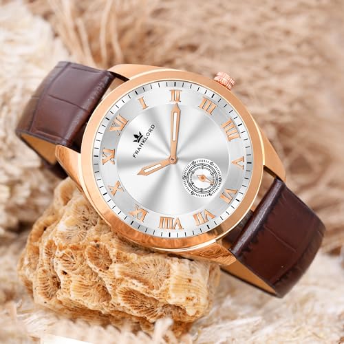Image of Franklord Marcus Side Second Series Analog Watch for Men's | Watch for Men's Round Dial Brown Coloured Leather Strap | Day & Date Functioning Premium Wrist Watch for Men's