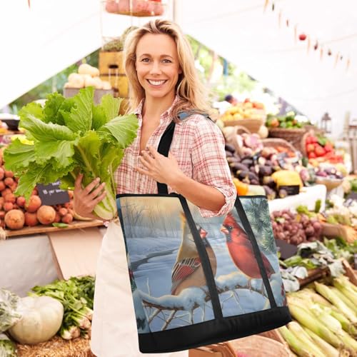 Large Insulated Tote Bag Retro Birds Snow for Grocery Shopping Reusable Tote Bags for Women Men, Cooler Bag with Zippered Top & Handles for Beach Picnic Travel2