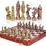 Vintage Figurine Metal Chess Set for Adults and Kids - 15'' Wooden Board with Metal Pieces - Travel Chess Set - Collectible Elegant Game - Family Vintage Board Game