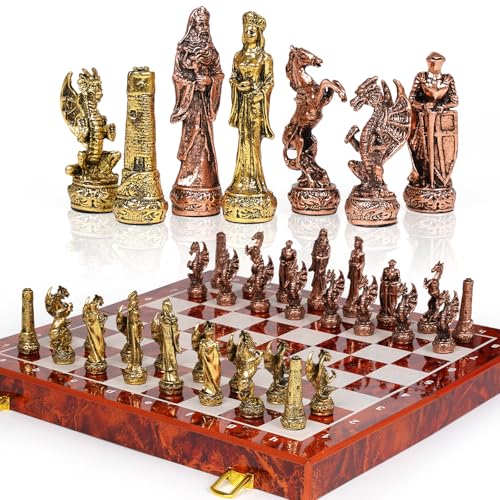 Vintage Figurine Metal Chess Set for Adults and Kids - 15'' Wooden Board with Metal Pieces - Travel Chess Set - Collectible Elegant Game - Family Vintage Board Game