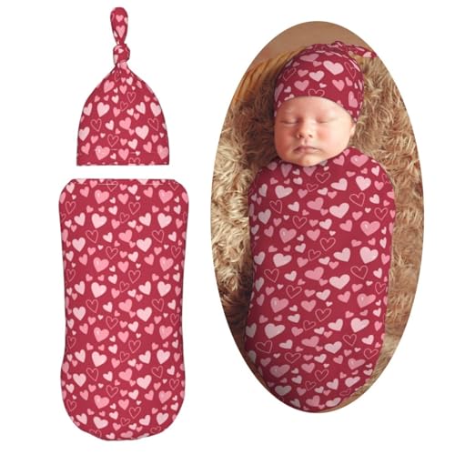 Image of Red Heart Newborn Swaddle Blanket with Beanie Set Soft Baby Sleep Sack Stretch Adjustable Swaddle Wraps Receiving Blankets