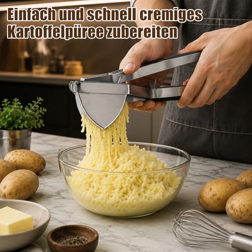 Foto von Kartoffelstampfer Edelstahl Set – Kartoffelpresse mit 650ml Fassungsvermögen, inkl. Schäler, Reinigungsbürste & Silikonspatel