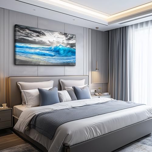 PHAOHUAXM Beach Wall Pictures Canvas Artworks Large Wall Decor For Living Room Canvas Wall Art For Bedroom Office Decorations Blue Sea Wave Ocean Paintings Modern Inspiration Home Decor 20x40 In