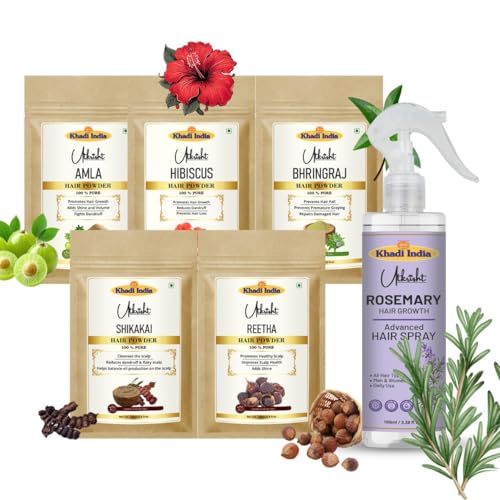 Image of Khadi Utkrisht Herbal Growth Powder Combo with Rosemary Hair Spray | Amla, Bhringraj, Shikakai, Reetha & Hibiscus | Anti Hair Fall, Dandruff Control & Strong Thick Hair - Pack of 6