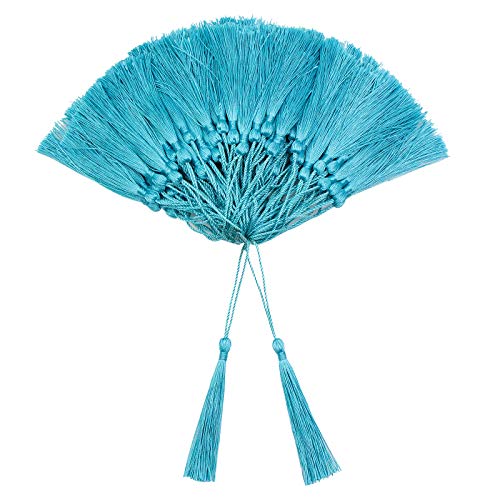 Image of VAPKER 100 Pieces Light Blue Color 13cm /5-Inch Silky Handmade Soft Tassels Floss Bookmark Tassels with 2-Inch Cord Loop for Jewelry Making, DIY Projects, Bookmarks