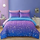 Drucon Girls Comforter Set Twin Size 6 Pieces Bed in A Bag Ombre Blue Purple Rainbow Bedding Set for Kids (1 Comforter, 1 Flat Sheet, 1 Fitted Sheet, 1 Pillow sham, 2 Pillowcases)
