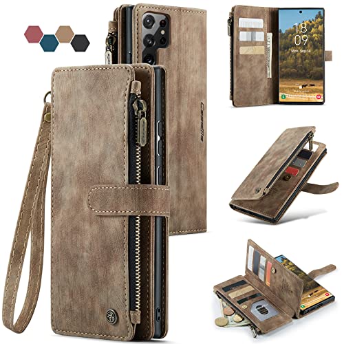 Étui portefeuille en cuir Samsung S22 Ultra avec porte-cartes et fermeture éclair marron