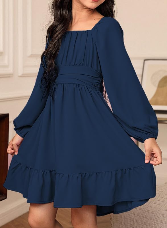 Girls Tie Back Off Shoulder Dress Ruffle Long Sleeve Fall Spring Dresses 4-15 Years3