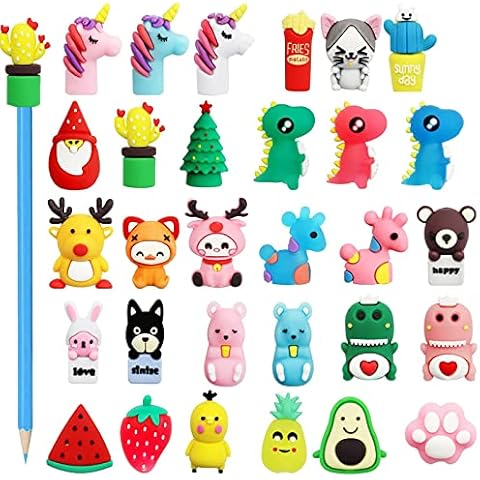 30 Pcs Pencils Toppers for Children, LONTOM Novelty Silicone Animal Pencil Toppers Clip, Dinosaur Rabbit Unicorn Pencil Cap, Children Reward for Kids Office School Supplies Party Favors Cover