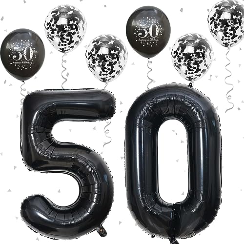 Image of 50th Birthday Balloons, 50th Birthday Decorations for Women with Black Birthday Print Confetti Balloons Latex Metallic Balloons 40 Inch Foil Number 50th Balloons for Men 50th Birthday Party Decor