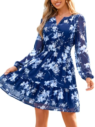 Image of Simplee Womens Spring Floral Mini Dress Long Sleeve Boho Chiffon Short Dress Casual Flowy Fall Wedding Guest Dresses