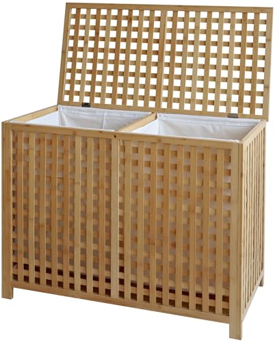 CLP Panier à linge pour linge sale 2 compartiments Dorothea, sac de collecte en bois, sacs de linge lavables et amovibles, cadre en bambou, Couleur:nature