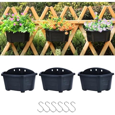summer flower Hanging Flower Pots, 3 Pack 9.84” Wall Hanging Planters for Railing Fence Balcony, Plastic Plants Pots for Window Box Garden Outdoor Flowers Indoor Decor (Black) Cover