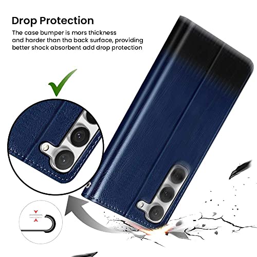 Image of FLIPPED Vegan Leather Flip Case Back Cover for Samsung Galaxy S23 5G (Flexible, Shock Proof | Hand Stitched Leather Finish | Card Pockets Wallet & Stand | Blue with Black)