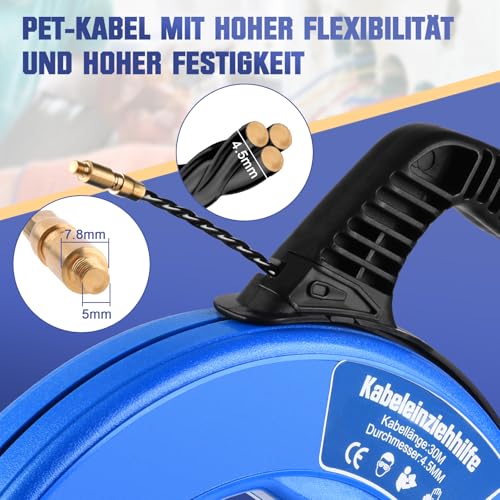 Kabeleinziehhilfe 50m, 4,5mm, Einziehspirale inkl. 7 Adapter, Einziehhilfe für Leerrohre, Einziehfeder für Leerrohr, Zugdraht, Kabelzieher für Kabel & Elektroinstallationen