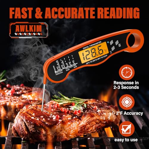 Image of AWLKIM Meat Thermometer Digital, Instant Read Food Thermometer, Orange | Waterproof cooking thermometer with doneness chart, backlight, F /C switch for BBQ, candy, oil