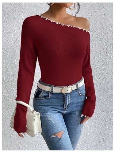 Image of WDIRARA Women's Pearls Beaded One Cold Shoulder Sweater Long Sleeve Asymmetrical Knit Top
