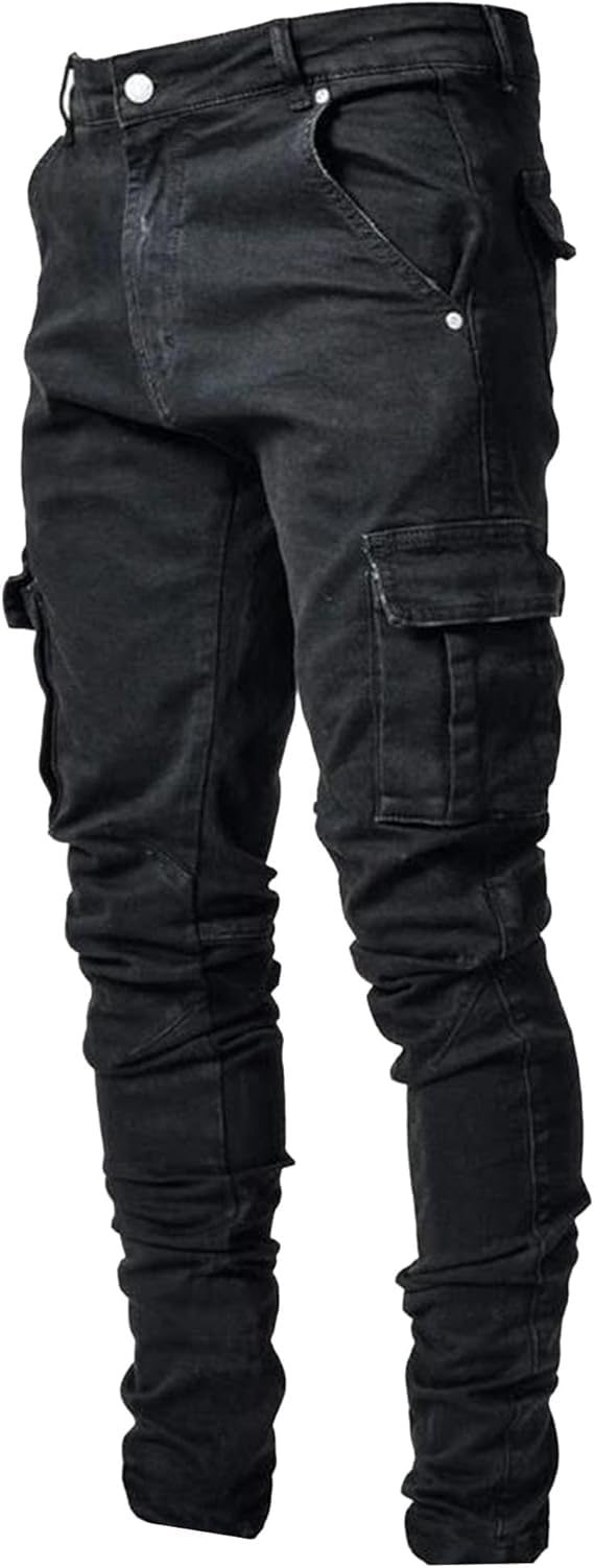 Mens Slim Fit Stretch Jeans Distressed Multi Pockets Cargo Denim Pants Fashion Ripped Skinny Jeans for Men